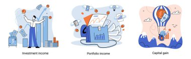 Capital gain, portfolio income, investment income. Investments and bonds, cash flow money slot, mutual fund, finance abstract metaphor. Money investing financiers analyzing stock market profit dollars