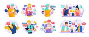 Ses asistanı. Akıllı hoparlör sanal asistanı, ses robotu, ses kontrollü akıllı hoparlör kullanan insanlar. Ses etkinleştirilmiş dijital kimlik kontrolü erişimi olmayan mobil cihaz mikrofonu