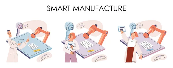 Industria Procesos Fabricación Robot Científico Ensamblando Productos Fabricación Inteligente Metáfora — Archivo Imágenes Vectoriales