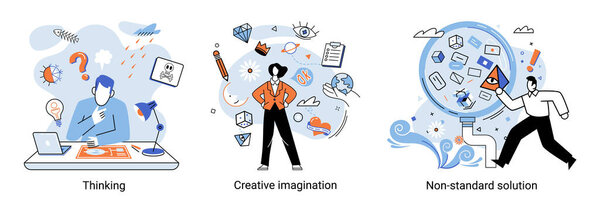 Creative thinking. People with different mental mindset types or model creative. Imaginative logical and structural thinking. MBTI person metaphor. Non standart solution. Brain think people solve idea