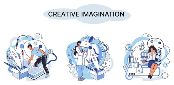 創造的な心 想像力またはブレインストーミングまたは独創的なアイデアの概念 創造的な想像力 幻想的な空間と創造性 幻想的な流れと創造性のメタファー 空想を念頭に置いて ビジョン開発 — ストックベクタ