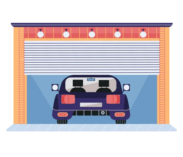 Γκαράζ Αυτόματες Πύλες Και Αυτοκίνητο Χώρος Αποθήκευσης Οχημάτων Δωμάτιο Αυτοκίνητο — Διανυσματικό Αρχείο