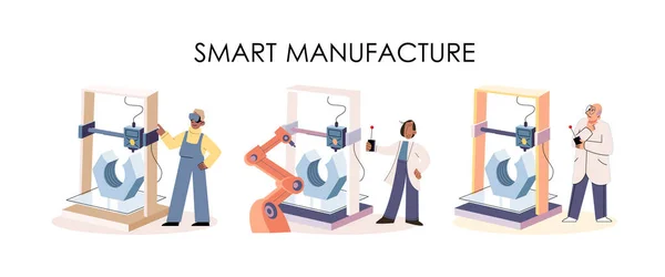 Productieproces Bij Geautomatiseerde Productie Industrie Wetenschapper Werkt Met Robot Assemblage — Stockvector