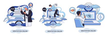 Meditasyon çevrimiçi metafor. Laptop dersleri, yoga çalışmaları, zihinsel egzersizler. Canlı yayın, internet eğitimi. Sağlık uygulaması barış zihniyetini geri getirir. Sağlıklı yaşam tarzı, temiz beyin ve yönetim