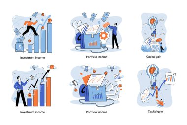 Capital gain, portfolio income, investment income. Investments and bonds, cash flow money slot, mutual fund, finance abstract metaphor. Money investing financiers analyzing stock market profit dollars