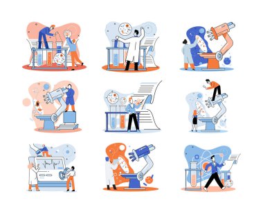 Tıbbi araştırma. Laboratuvar teşhis hizmetleri, tıbbi cihaz tasarım geliştirme sahneleri metaforu. Kimya kliniğindeki bilim adamları, mikrobiyoloji farmasötik araştırmaları. Aşı keşfi