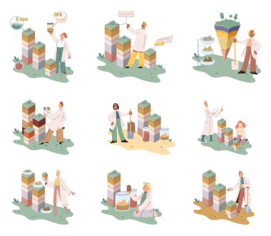 Toprak analizi ve toprak kirliliği metaforu veya yapı kontrolü. Besleyici mikroorganizma bileşimi araştırma katmanı yapı örneği. Toprak laboratuvar testi. Bilim adamı seviye ölçme durumu