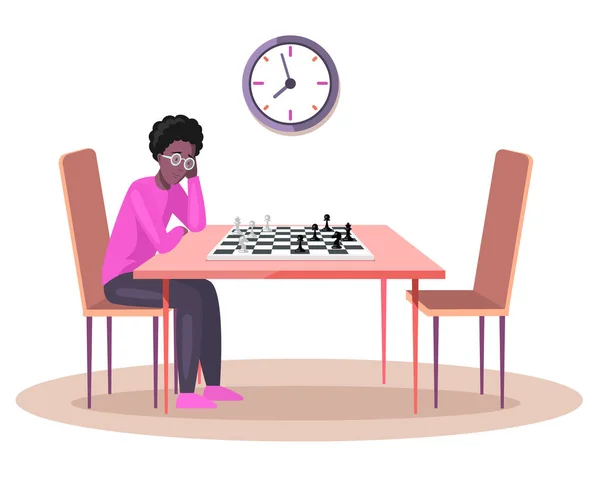 Type Qui Joue Aux Échecs Seul Africain Assis Table Dans — Image vectorielle