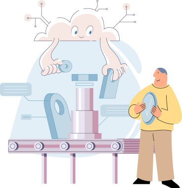 Otomatik üretim endüstrisinde üretim süreci. Robot işi yapan bir adam endüstriyel taşıyıcıyı izliyor. Teknik ve bilimsel yenilik. Akıllı üretim, otomasyon, geliştirme konsepti