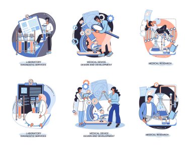 Tıbbi araştırma. Laboratuvar teşhis hizmetleri, tıbbi cihaz tasarım geliştirme sahneleri metaforu. Kimya kliniğindeki bilim adamları, mikrobiyoloji farmasötik araştırmaları. Aşı keşfi