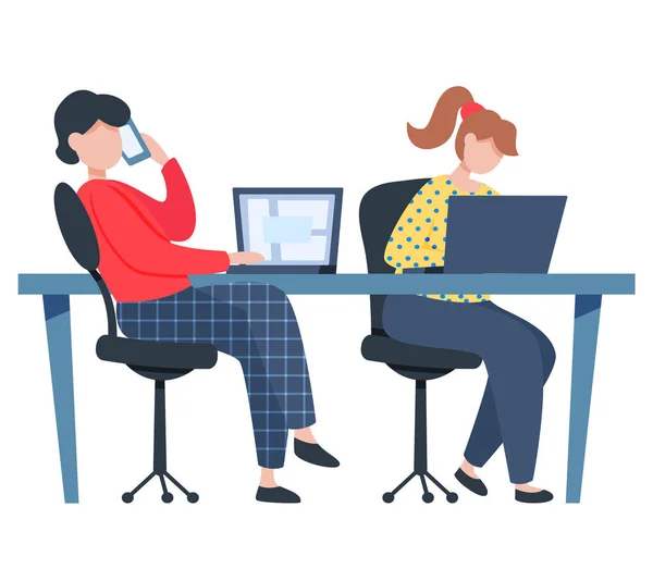 Επιχειρηματίες Δύο Γυναίκες Εργάζονται Μαζί Στο Γραφείο Συνάδελφοι Συζητούν Την — Διανυσματικό Αρχείο