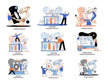 Tıbbi araştırma. Laboratuvar teşhis hizmetleri, tıbbi cihaz tasarım geliştirme sahneleri metaforu. Kimya kliniğindeki bilim adamları, mikrobiyoloji farmasötik araştırmaları. Aşı keşfi