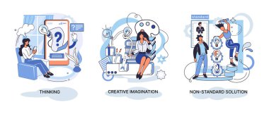 Yaratıcı düşünce. Farklı zihinsel yapıya sahip insanlar ya da model yaratıcı insanlar. Yaratıcı mantık ve yapısal düşünce. MBTI insan metaforu. Standart olmayan çözüm. Beyin, insanların fikirleri çözdüğünü düşünür.