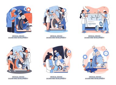 Bilimadamı ile tıbbi cihaz tasarımı ve geliştirme metaforu araştırma cihazları, ekipmanlar ve deneyler geliştirir. Laboratuvar teşhis servisi kimya laboratuvarları, ilaç araştırmaları.