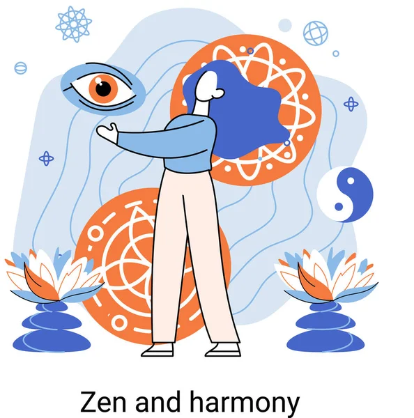 Zen Harmony Metaphor Meditation Practice Balance Relaxation Mindfulness Calm Person — ストックベクタ