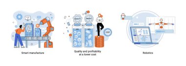 Otomatik üretim bandı olan akıllı üretim metaforu. Yenilikçi çağdaş akıllı endüstriyel ürün tasarımı, dağıtımı, insanlar, robotlar ve makineler, taşıyıcı montaj hattı