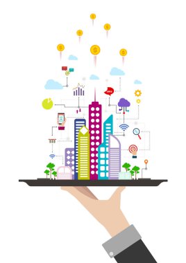 İş konsepti, akıllı şehir ve kablosuz iletişim ağı. Modern düz tasarım biçim vektör çizimi arka planı