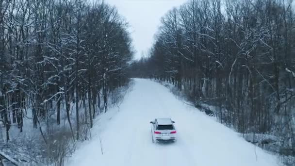 Aerial - Panoráma felvétel fehér autó vezetés egy festői úton keresztül havas erdő a háttérben — Stock videók
