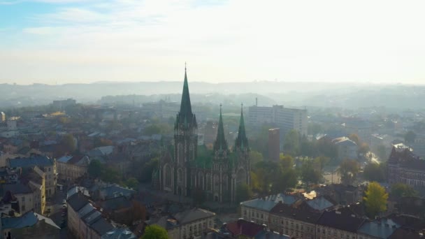 Widok z lotu ptaka zabytkowego centrum i kościoła świętych Olga i Elżbiety starej gotyckiej świątyni w mieście Lwów, Ukraina. Latający dronem nad kopułą. 4k materiał filmowy zabytków, architektura Lwowa w Europie — Wideo stockowe