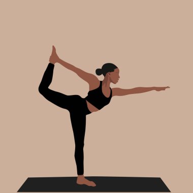 Yogacı kız. Afrika kökenli Amerikalı kadın yoga pozları veriyor. Zenci kadın natarajasana yoga pozu. Sağlıklı bir yaşam tarzı. Kadınlık, güzellik ve akıl sağlığıyla moda illüstrasyonu. Pilates, fitness. Vektör.