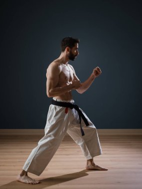Bir Sensei Karateka eğitmeni dövüş okulunda tek başına antrenman yapar.