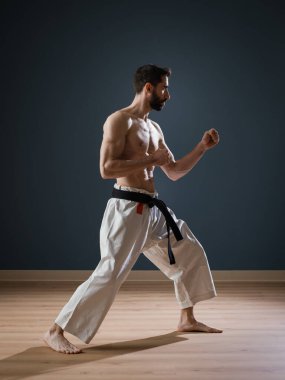 Bir Sensei Karateka eğitmeni dövüş okulunda tek başına antrenman yapar.