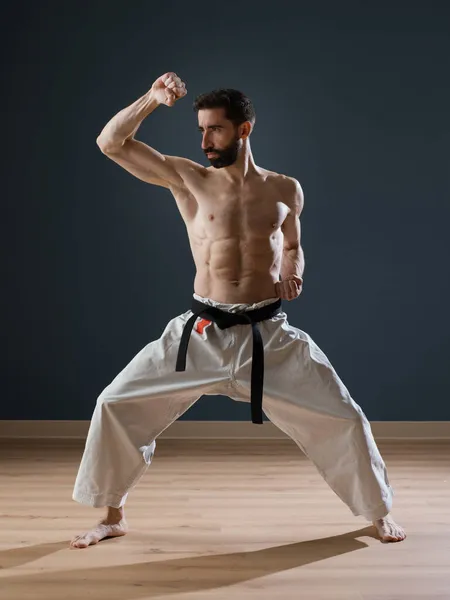 Bir Sensei Karateka Eğitmeni Dövüş Okulunda Tek Başına Antrenman Yapar — Stok fotoğraf