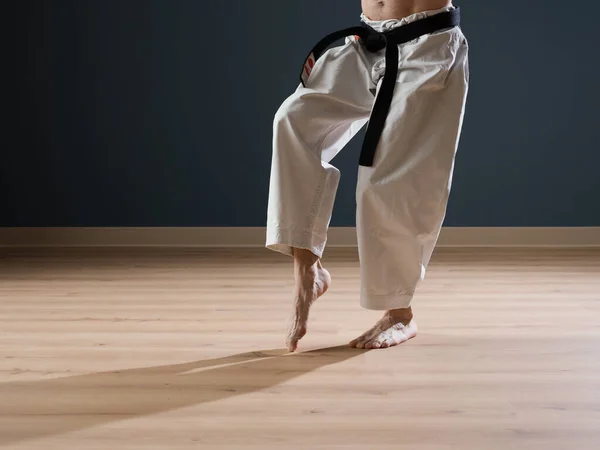 Istruttore Karateka Sensei Allena Solo Nel Suo Dojo — Foto Stock