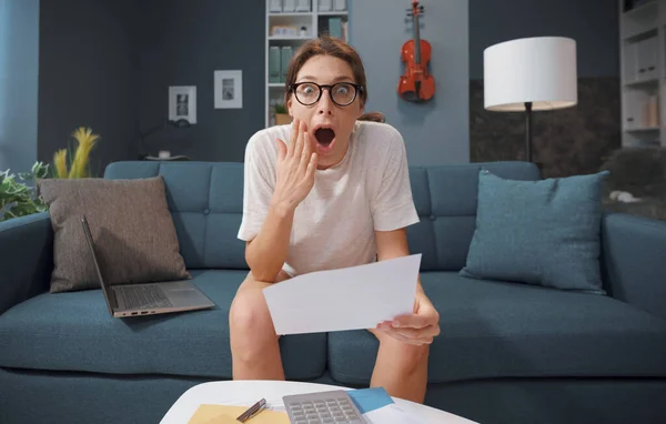 Shocked Gasping Woman Checking Her Expensive Bills Home — Stock Photo, Image