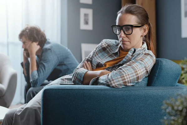 Sad Young Couple Having Fight Home Sitting Sofa Ignoring Each — Stock Photo, Image