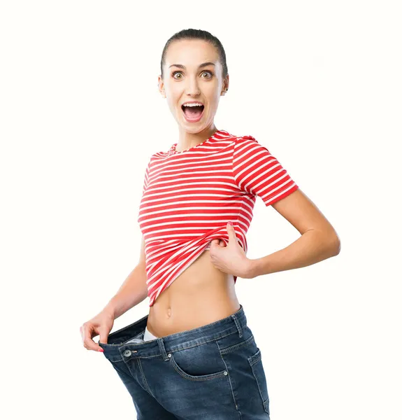 Mujer Feliz Mostrando Pérdida Peso Exitosa Sus Pantalones Vaqueros Están — Foto de Stock