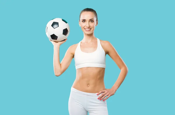 Happy Female Athlete Holding Soccer Ball Smiling Sports Challenge Concept — Stock Photo, Image