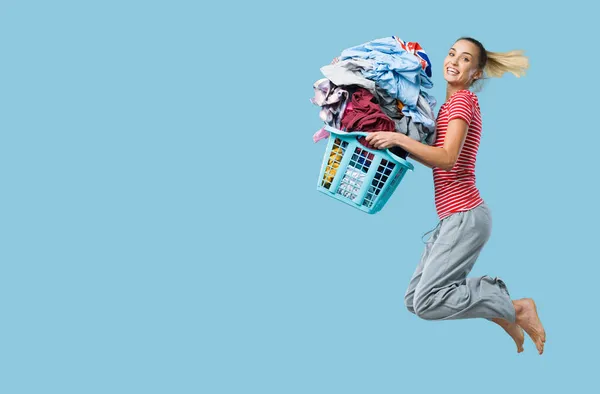 Happy Cheerful Woman Doing Laundry Jumping She Holding Laundry Basket — Stock Photo, Image