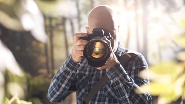 专业摄影师在森林里拍摄 他在看相机 — 图库照片