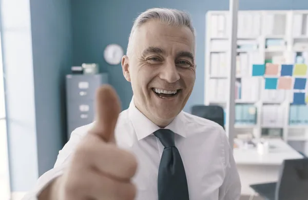 Cheerful Executive Celebrating His Success His Office Giving Thumbs — Stock Photo, Image