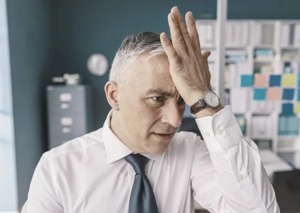 Stressed Confused Businessman Doing Facepalm Gesture Did Mistake Feels Shameful — Stock Photo, Image