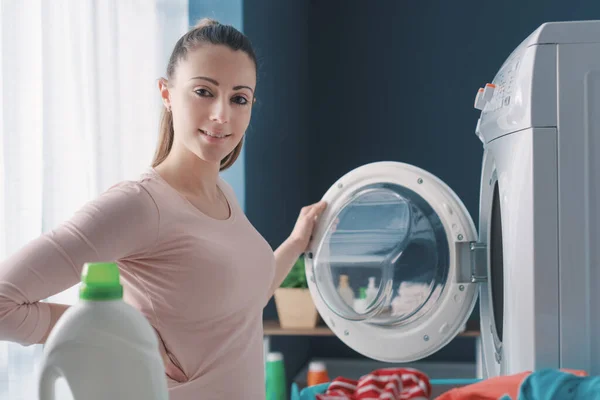Happy Woman Doing Laundry Home She Loading Washing Machine — Stock Photo, Image