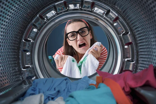 Angry Disappointed Woman Holding Stained Clothes Doing Laundry Point View — Stock Photo, Image