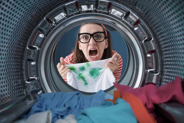 Angry Disappointed Woman Holding Stained Clothes Doing Laundry Point View — Stock Photo, Image