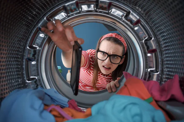 Disappointed Woman Finds Her Smartphone Washing Machine Washing Clothes — Stock Photo, Image