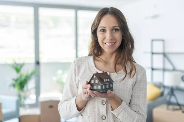 Smiling Young Woman Holding Model House Her New Home She — Stock Photo, Image