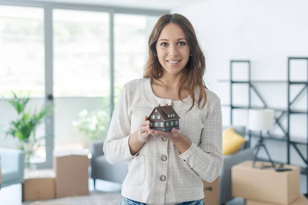 Smiling Young Woman Holding Model House Her New Home She — Stock Photo, Image