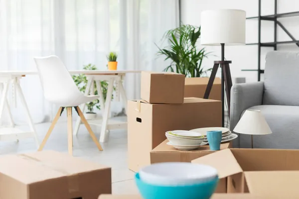 Woningverhuizing Vastgoed Kartonnen Dozen Meubels Het Nieuwe Appartement — Stockfoto