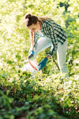 Temizlik gönüllüsü ormanda çöp topluyor ve bir çöp torbası tutuyor. Çevre koruma kavramı.