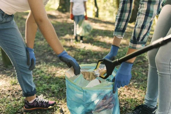 Jovens Voluntários Limpando Floresta Juntos Eles Estão Coletando Lixo Segurando — Fotografia de Stock