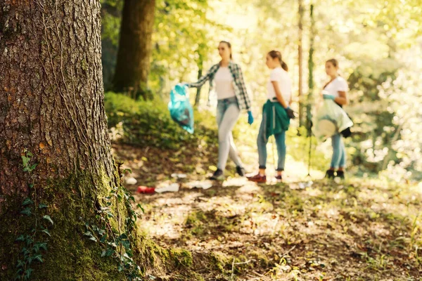 Młodzi Aktywiści Spacerujący Przyrodzie Sprzątający Las Koncepcja Ochrony Środowiska — Zdjęcie stockowe