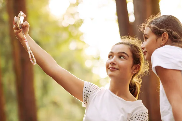 Chicas Jóvenes Lindas Posando Juntas Bosque Están Tomando Selfies Con —  Fotos de Stock