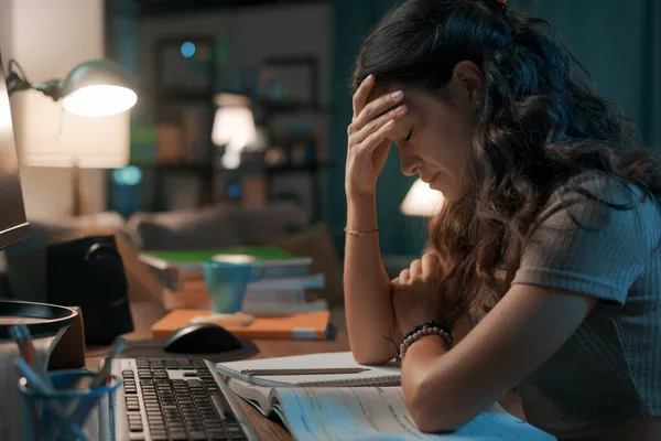 Depressed Woman Working Studying Late Night She Exhausted Sad — Stock Photo, Image