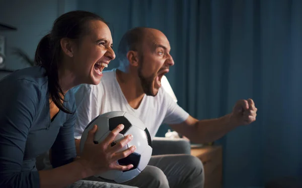 Cheerful Football Fans Supporting Favorite Team Watching Match Holding Ball — Stock Photo, Image