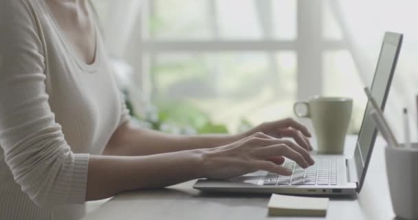 Jovem empresária trabalhando em casa com seu laptop — Vídeo de Stock